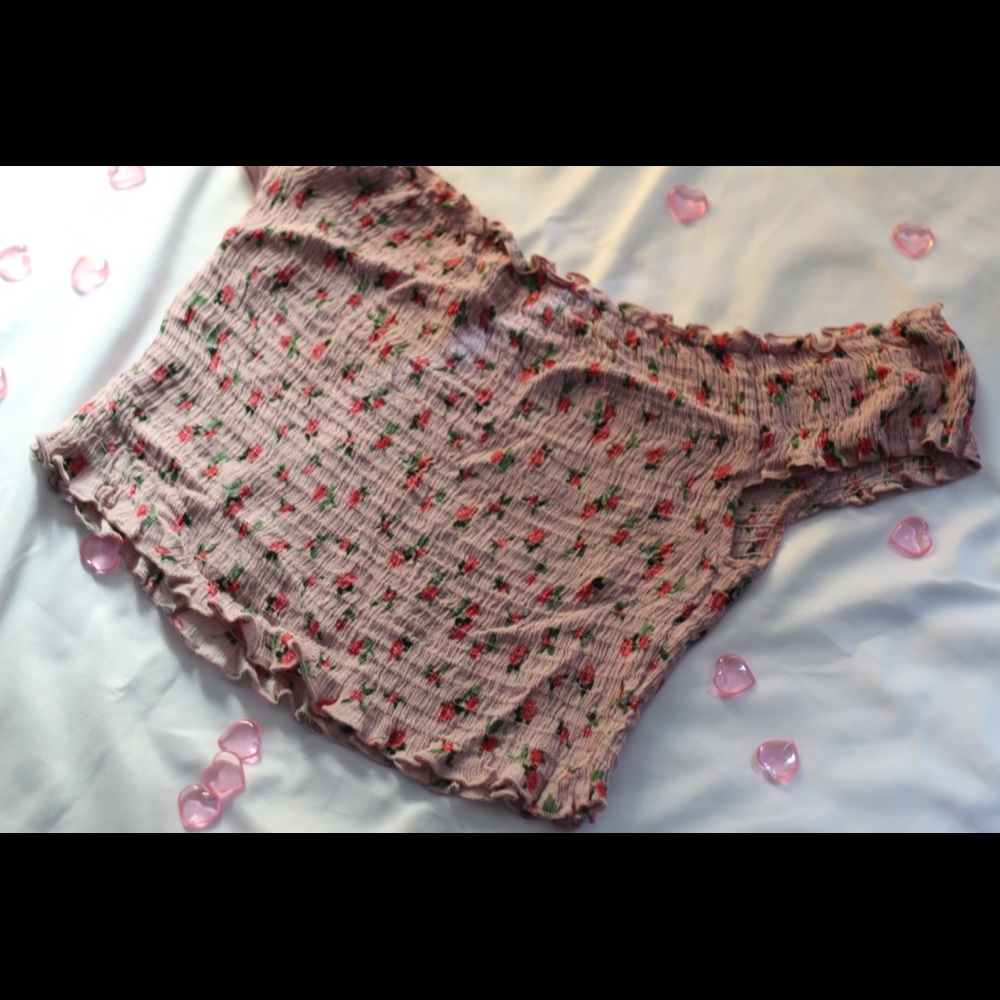 pink floral off the shoulder top.